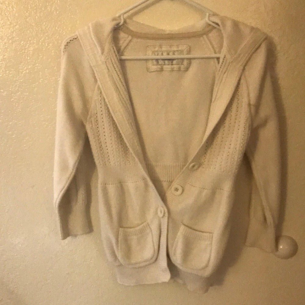 Size sm. white 3/4 sleeve thick cardigan w/ hoodie